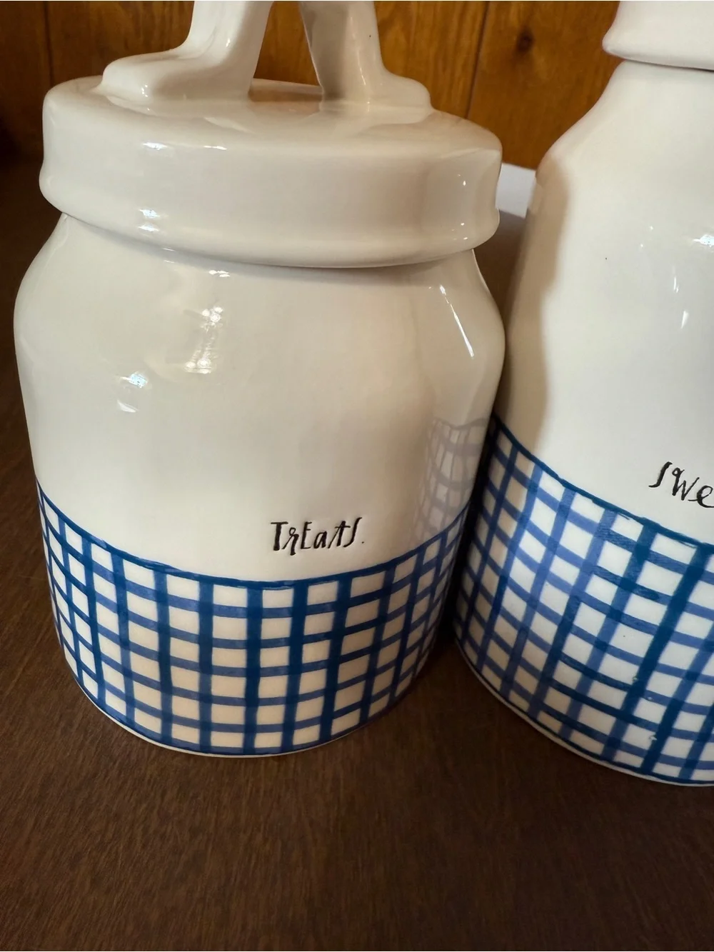 Rae Dunn Blue Gingham Plaid Treats and Sweets Canisters Set of 2 READ